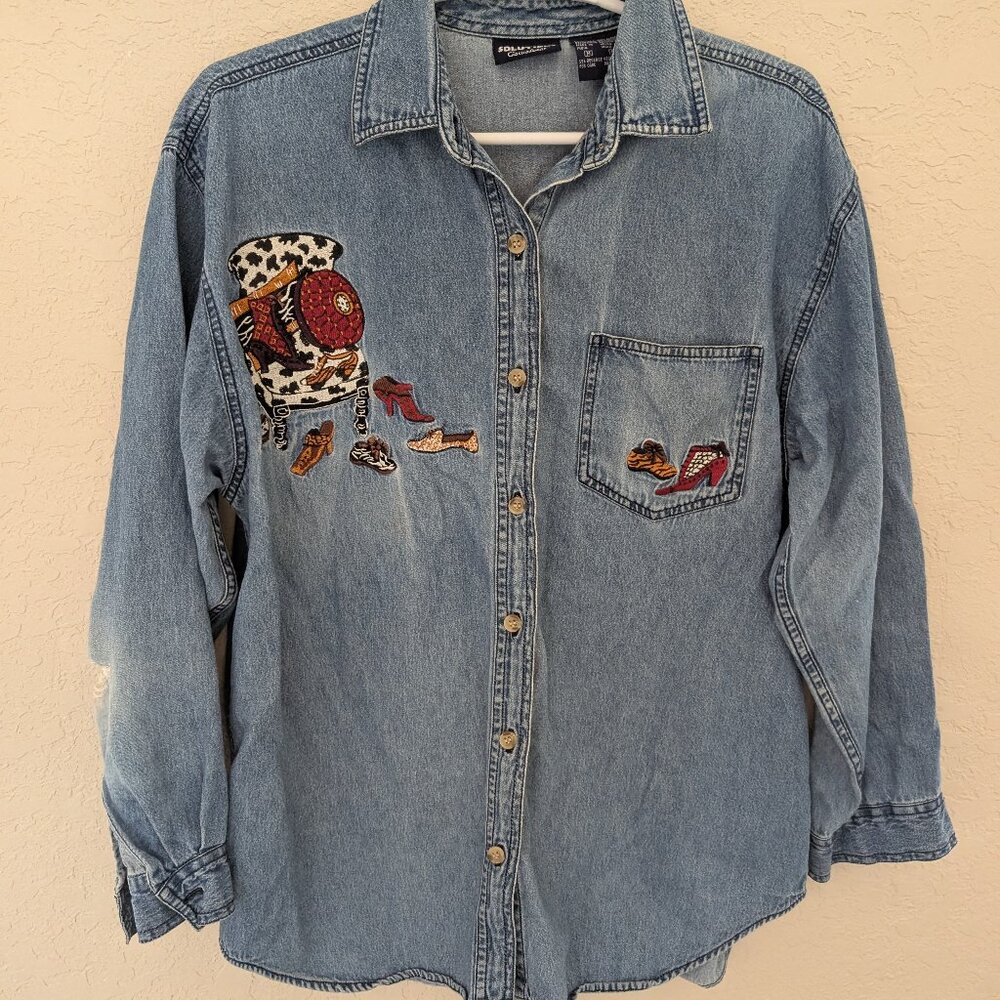 Vintage Solutions Denim Button Up Shirt Embroidered Shoes Size M Western Cotton